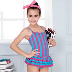 Dětské jednodílné pruhované plavky se sukní pro dospívající dívky
