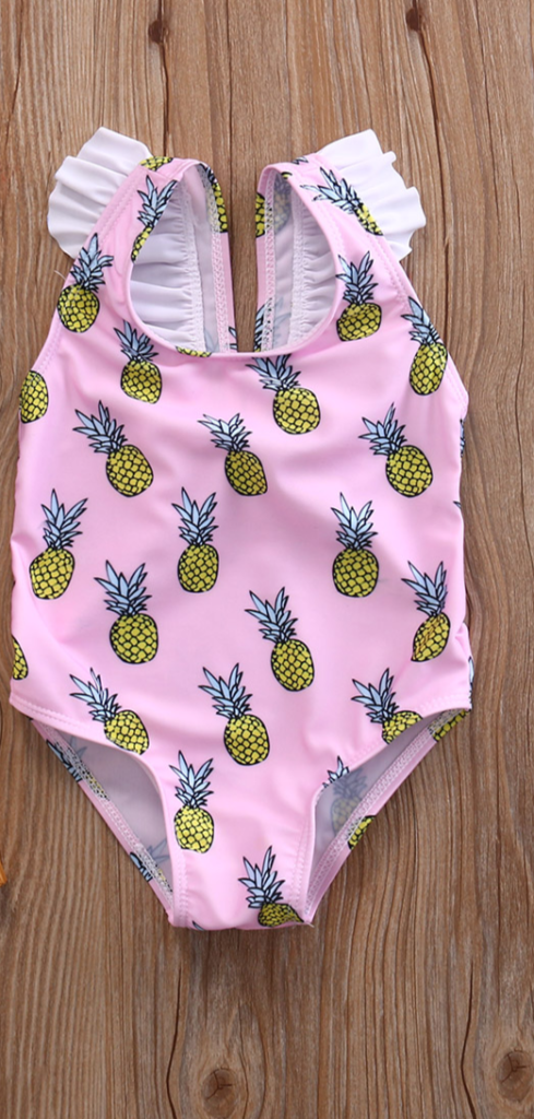 Dětské dívčí jednodílné plavky s volánky a potiskem ananasů - 12-mesicu
