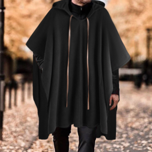 Pánské módní černé pončo s kapucí a šňůrkami