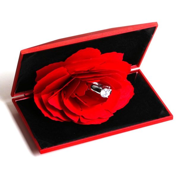 Luxusní krabička na prstýnek s růží - Cervena