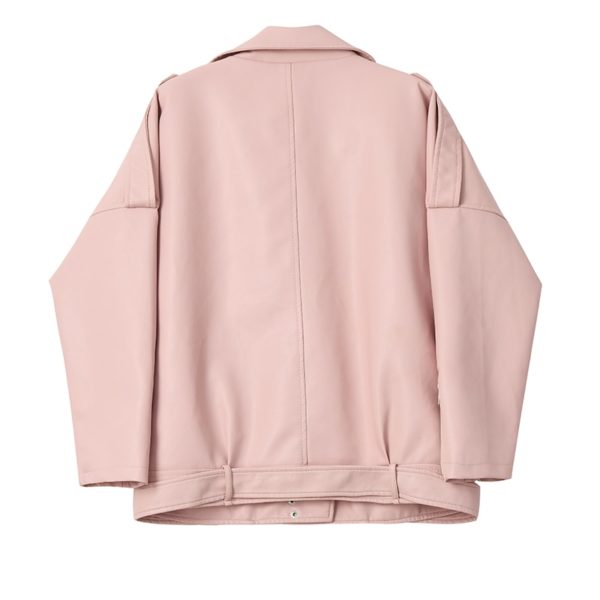 Dámská jarní a podzimní volná bunda z umělé kůže - Pink, L