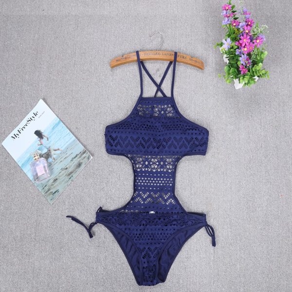 Módní dámské sexy krajkované jednodílné plavky se šněrováním - Dark-blue, Xl
