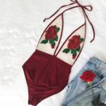 Dámské  jednodílné sexy plavky s dekorem květiny - Red, Xl
