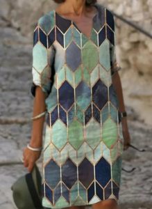 Dámské podzimní geometrické šaty PLUS SIZE - Modra, 5xl