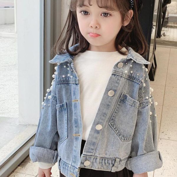 Dívčí stylová džínová bunda s perličkami - Modra, 4-roky
