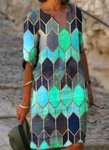 Dámské podzimní geometrické šaty PLUS SIZE - Modra, 5xl