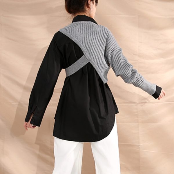 Dámské originální šaty s páskem a rukávem ze svetru - Shirt-black-knit, Jedna-velikost