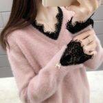 Dámský huňatý růžový svetřík s dlouhým rukávem a krajkovým lemem - Ruzova, Xxxl