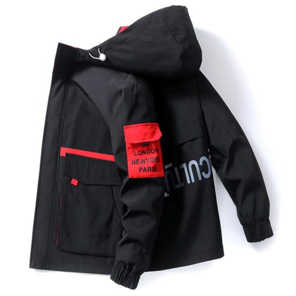 Pánská bunda s kapucí a módním potiskem - více barev - Cerno-cervena, Xxxl