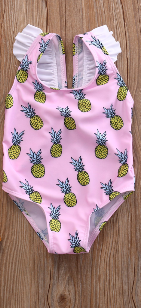 Dětské dívčí jednodílné plavky s volánky a potiskem ananasů - 12-mesicu