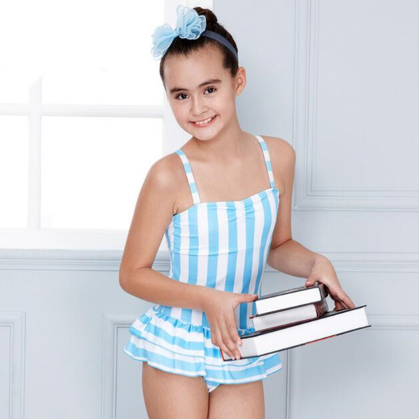 Dětské jednodílné pruhované plavky se sukní pro dospívající dívky - White, 13-14-let