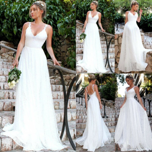 Krásné bílé krajkové svatební šaty s hlubokým výstřihem - White, Xl