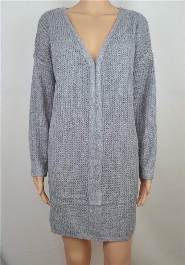 Dámský dlouhý pletený stylový svetr s výstřihem do V - Seda, Xxl