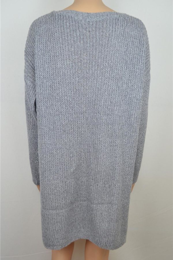 Dámský dlouhý pletený stylový svetr s výstřihem do V - Seda, Xxl