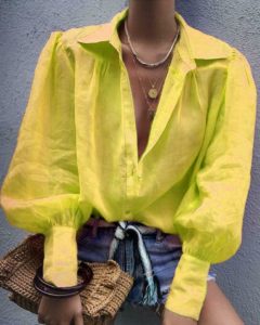 Luxusní dámská košile s hlubokým výstřihem a balónovými rukávy Olivia - Zluta, Xxl