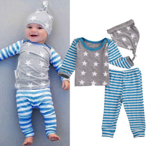 Novorozenecké dvoudílné pruhované pyžamo - modré s potiskem hvězd