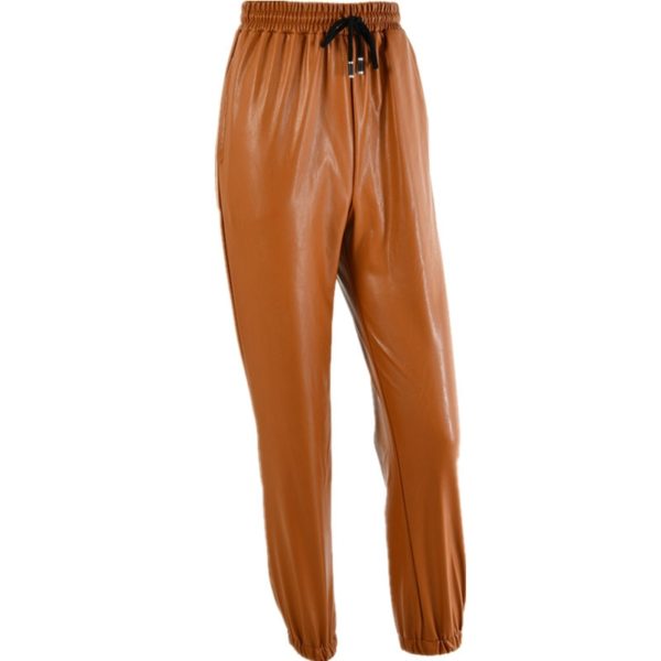 Dámské luxusní kožené kalhoty s vysokým pasem a šňůrkami - Khaki, Xl