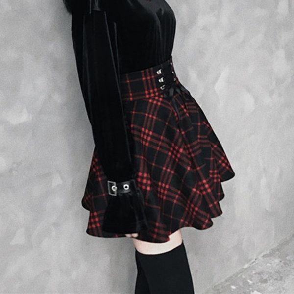 Gotická kostkovaná mini sukně s vysokým šněrovacím pasem - Cervena, 5xl