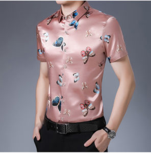Pánská elegantní košile s motivem motýlků - Pink, Xxxl