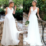 Krásné bílé krajkové svatební šaty s hlubokým výstřihem - White, Xl