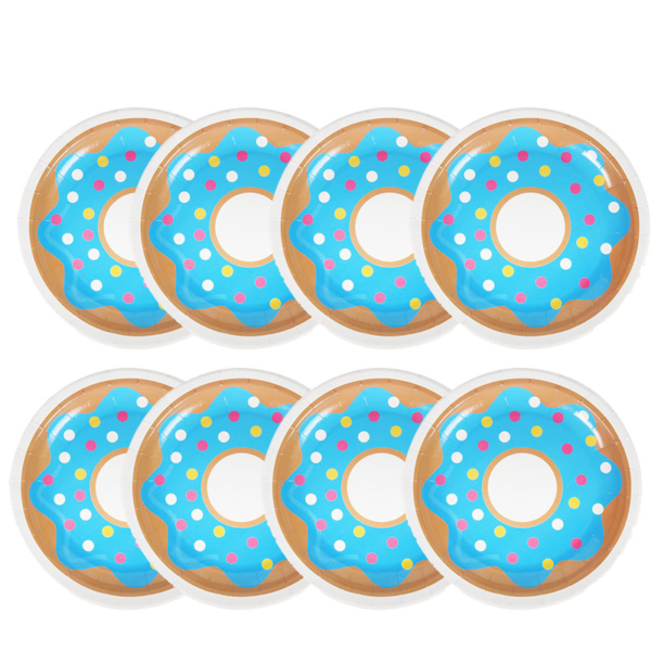 Papírové narozeninové talířky ve vzoru donutů - Modra-18-cm