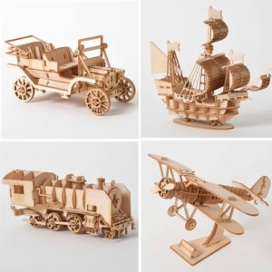 Dřevěné 3D vzdělávací puzzle - model letadla, vláčku nebo lodi