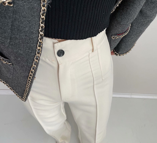 Dámské módní elegantní kalhoty s vysokým pasem - White, L