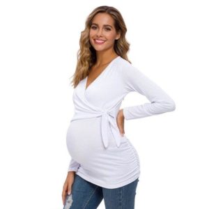 Těhotenské triko s dlouhým rukávem a mašlí - A-white, Xl