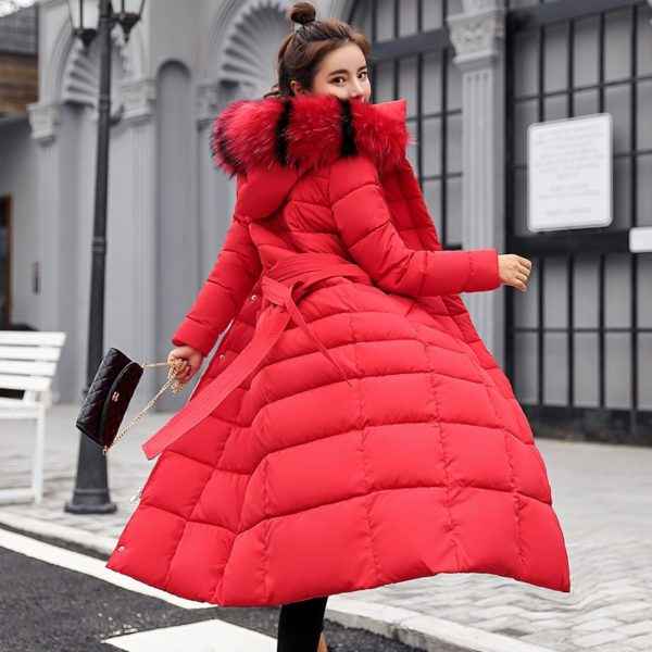 Dámská dlouhá péřová bunda se zavazováním / dlouhá dámská parka - Red, Xxxl